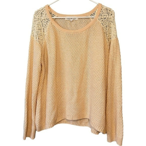 🔹5/$25🔹 Pink Rose Long Sleeve Pullover Crochet Peach‎ Sweater. Women’s  Large - Picture 1 of 10